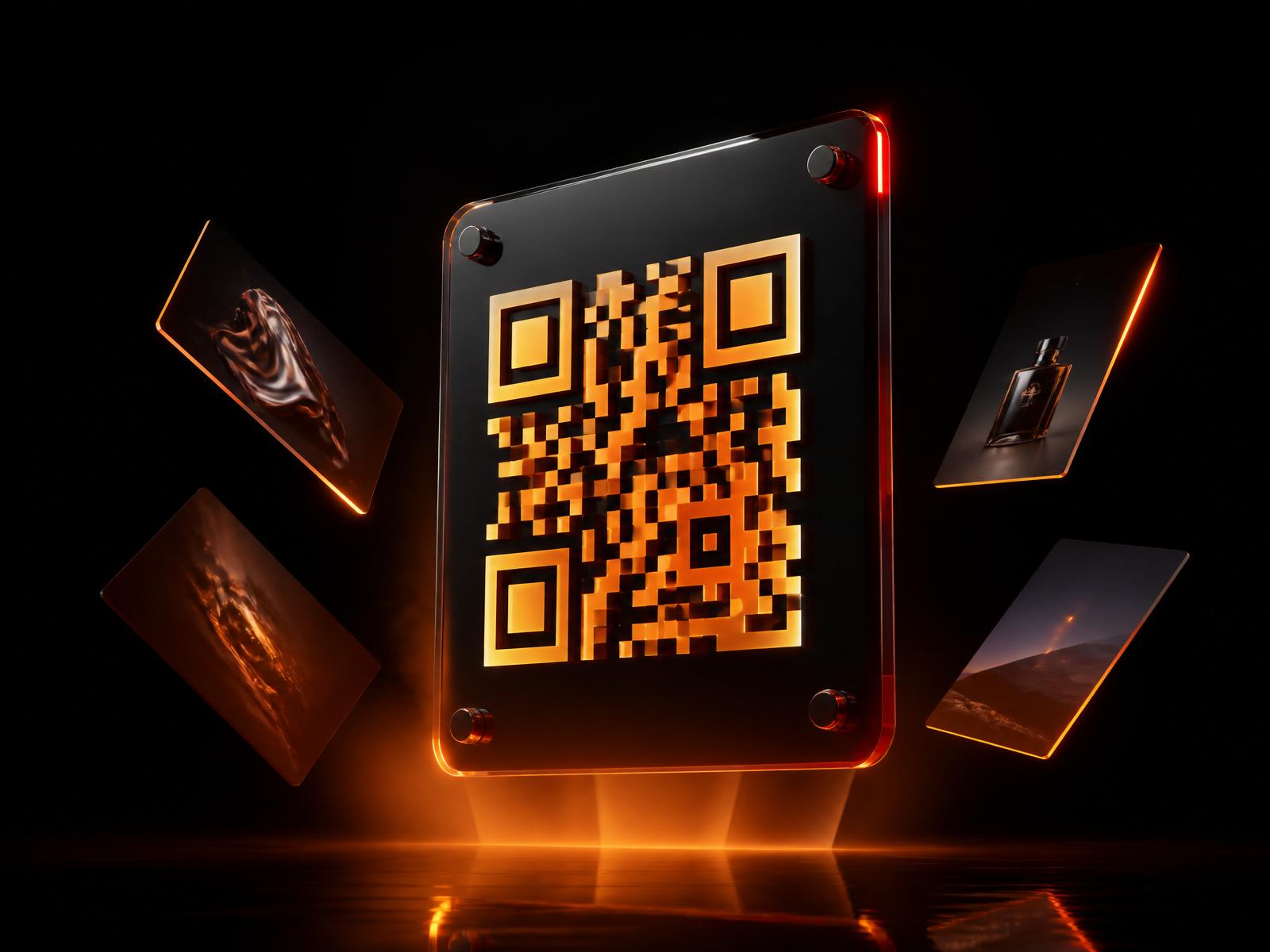QR Code em placa de acrílico com iluminação cinematográfica e flyers flutuando